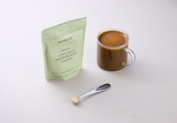Lion's mane mushroom powder, with custom scoop and coffee